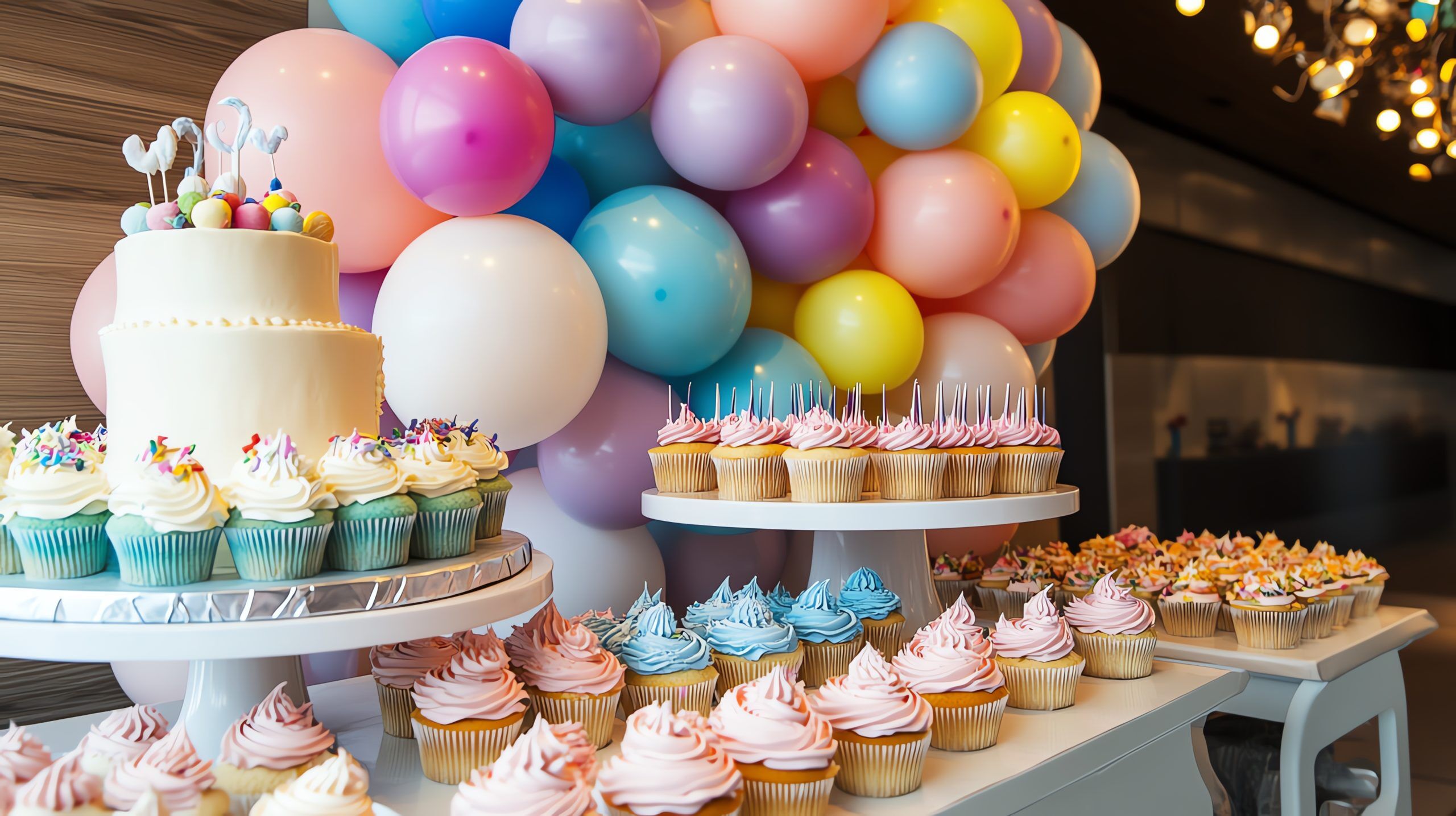 Colorful cupcakes and cake with balloons