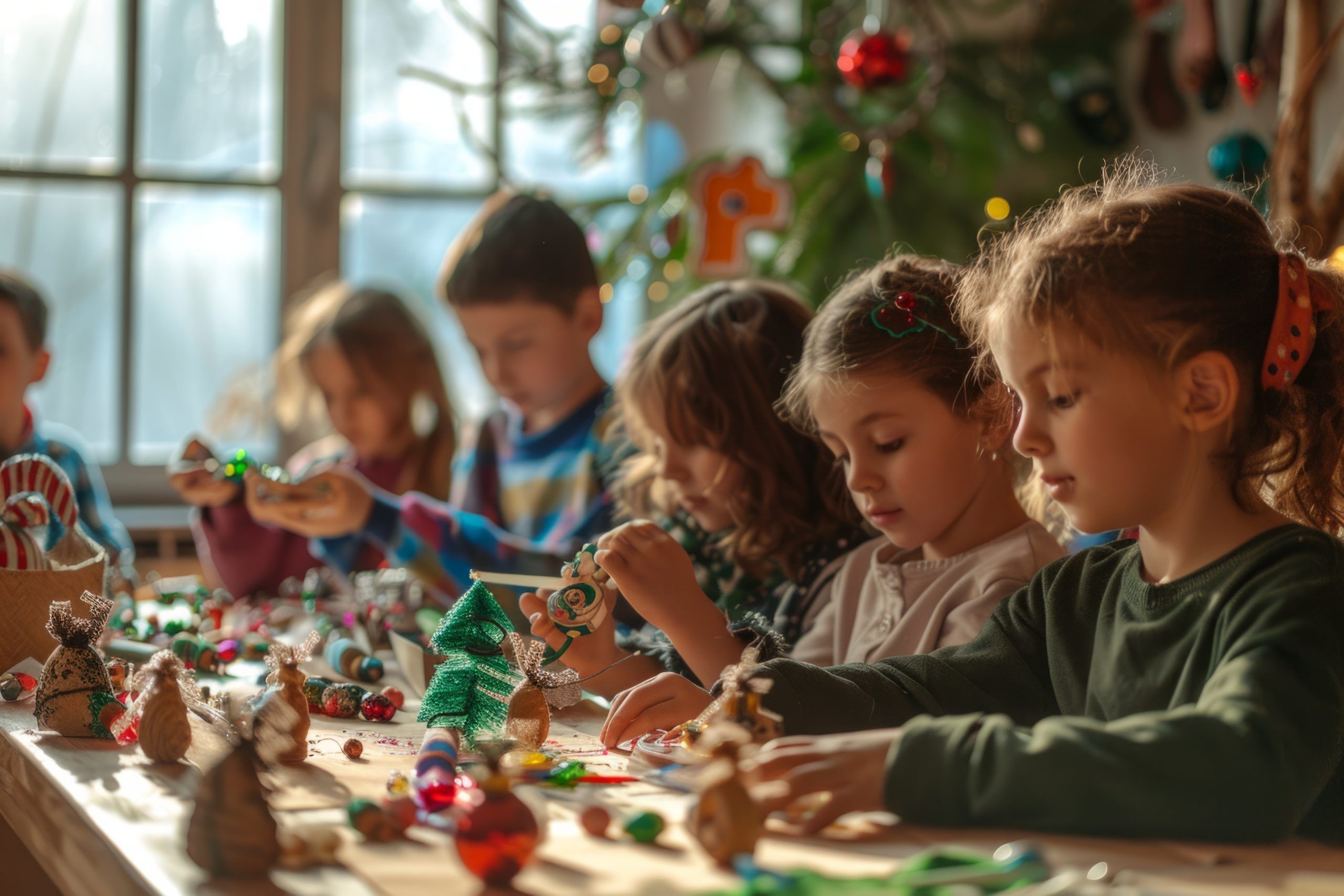 Children gathered around a table making handmade Christmas ornaments