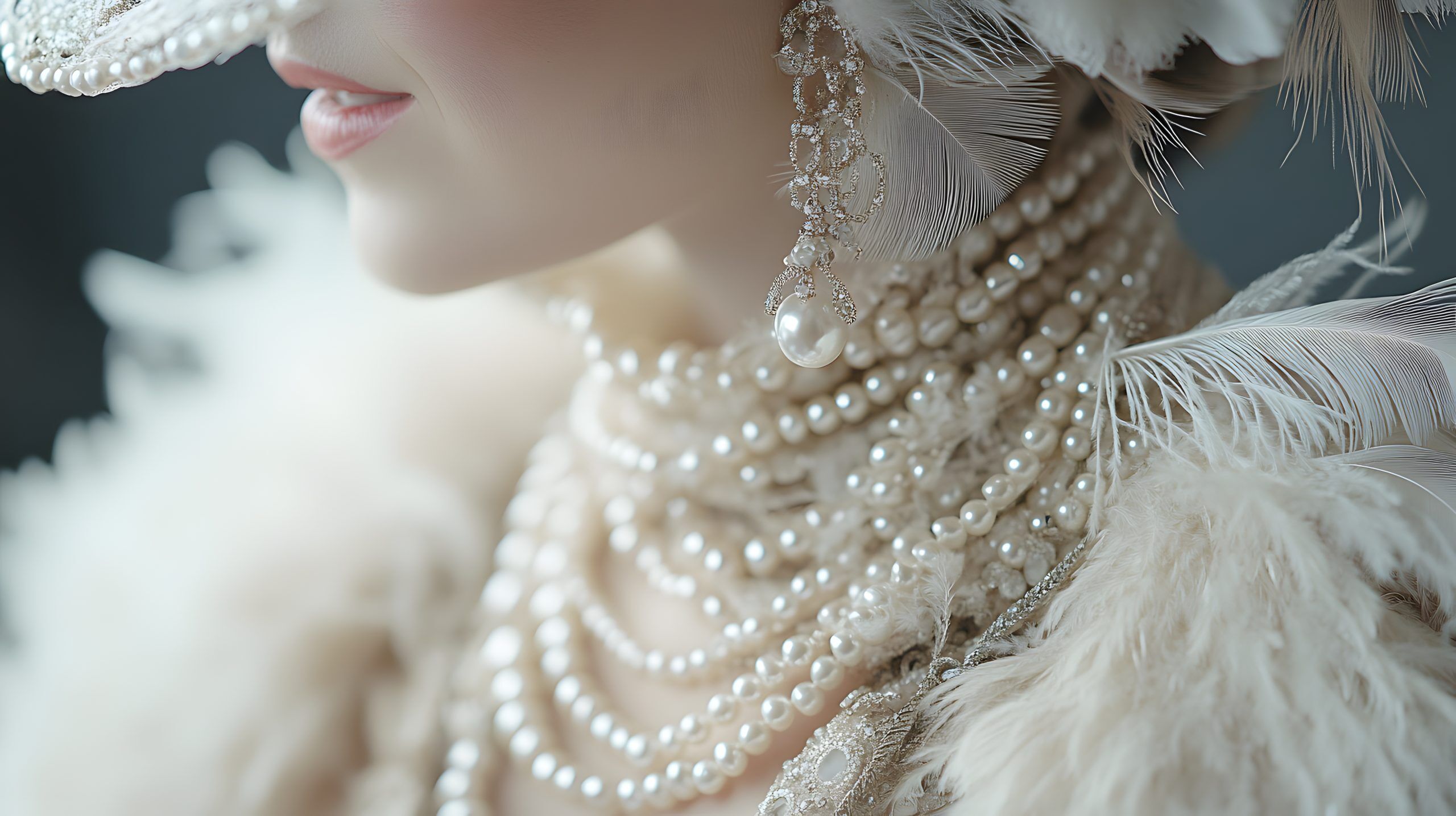 36. A glamorous vintage-inspired ensemble with pearls and feathers