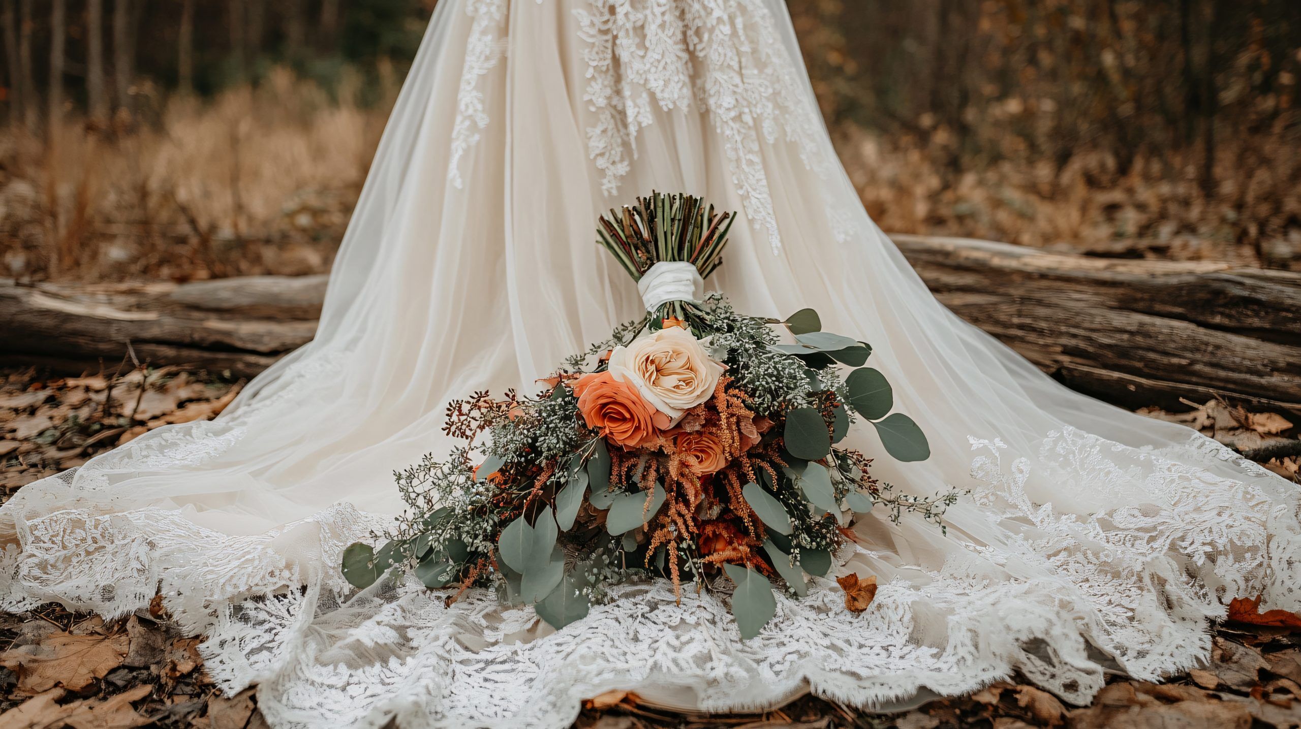 beautiful bridal bouquet rests on delicate lace wedding dress, surrounded by autumn leaves in serene forest setting. warm colors of flowers complement natural surroundings